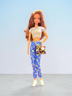 Handmade Lux Style Blue Floral High-Waist Pants for fashion dolls